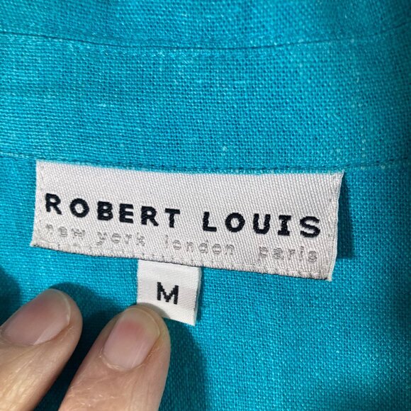 Womens Vintage Robert Louis Linen Button Shirt Embroidered M Turquoise - Picture 9 of 11